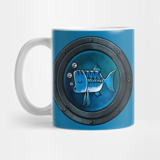 A Sleepy Blue Fish framed by a Porthole Mug